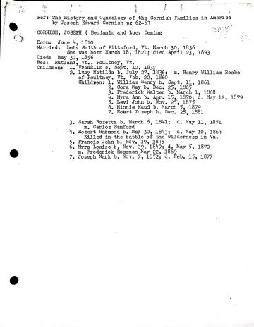 CORNISH, Joseph (1810 1856 Poultney) SMITH BEEBE SANFORD ROSSMAN